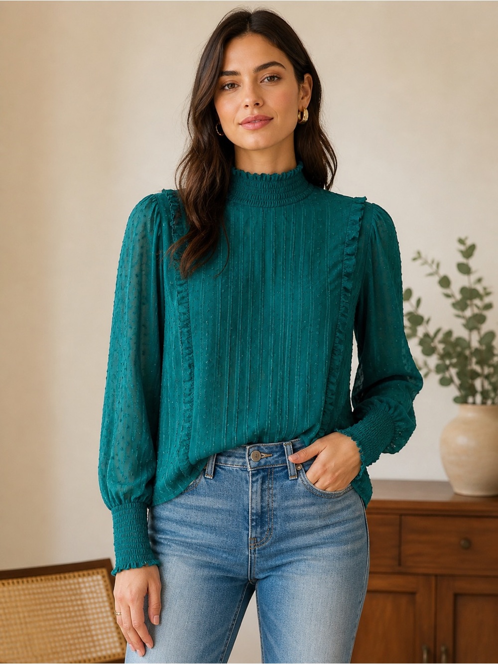 FARM Rio Emerald Green Ruffle Blouse XS Sheer Swiss Dot High Neck Long Sleeve